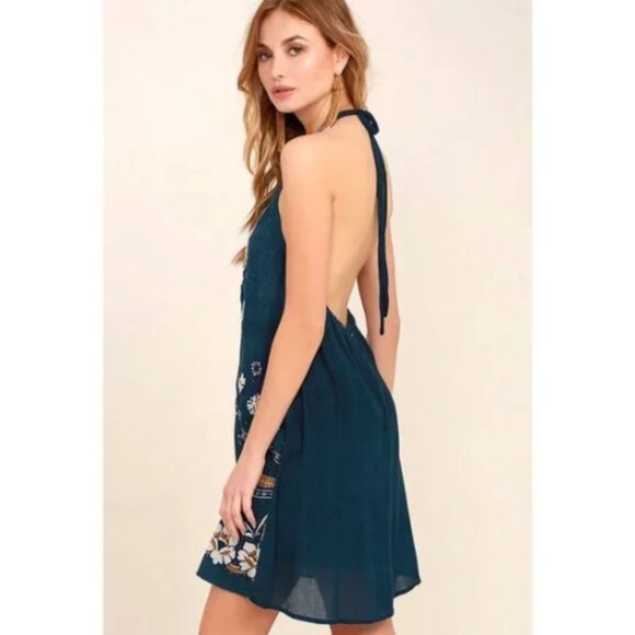 O'Neill Ellison Teal Blue Embroidered Halter Dress Sz L #329i - Picture 4 of 12
